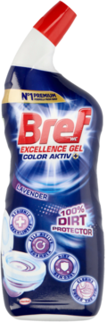 Bref Excellence Gel Lavender do WC, ciemnoniebieska butelka z czerwoną nakrętką, widok z przodu, napis Color Aktiv+.