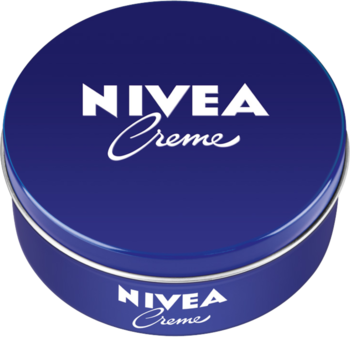 Niebieska puszka NIVEA Creme krem uniwersalny z białym logo, widok z góry pod kątem.
