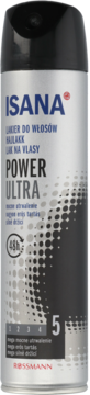 Srebrny lakier Isana Power Ultra 48h w aerozolu, widok z przodu, z czarnym napisem i poziomem utrwalenia 5.