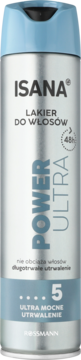 ISANA Power Ultra lakier do włosów w srebrnym sprayu z niebieską nakrętką, widok z przodu, ultra mocne utrwalenie 48h.