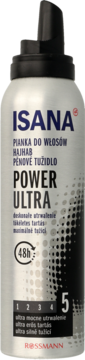 Srebrna pianka do włosów ISANA Power Ultra, widok z przodu, z czarną nakładką i oznaczeniem ultra mocnego utrwalenia.