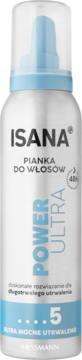 ISANA Pianka do włosów Power Ultra 5, biało-srebrna butelka z niebieskim akcentem, mega mocne utrwalenie, widok z przodu.