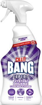 Biało-fioletowy spray Cillit Bang Expert Czystość i Higiena, zabijający 99.9% bakterii, widok z przodu.