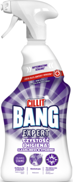 Biało-fioletowy spray Cillit Bang Expert Czystość i Higiena, zabijający 99.9% bakterii, widok z przodu.