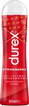 Durex Strawberry żel intymny w czerwonej butelce z truskawkowym wzorem i białym napisem, widok z przodu.