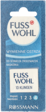 Niebieskie opakowanie Fuss Wohl z wymiennymi ostrzami do ścinacza zrogowaceń, widok z przodu, poziom 4.