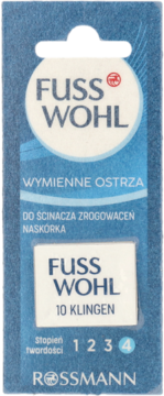 Niebieskie opakowanie Fuss Wohl z wymiennymi ostrzami do ścinacza zrogowaceń, widok z przodu, poziom 4.