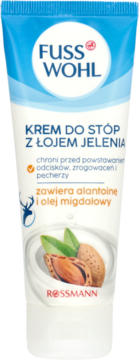 Fusswohl krem do stóp z łojem jelenia w białej tubce, widok z przodu, z migdałami i alantoiną.