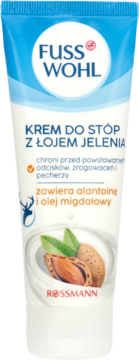 Fusswohl krem do stóp z łojem jelenia w białej tubce, widok z przodu, z migdałami i alantoiną.