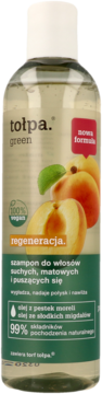 Tołpa Green szampon do włosów suchych w zielonej butelce z etykietą z brzoskwiniami, 'regeneracja'.