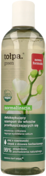 Szampon Tołpa Green normalizujący do włosów przetłuszczających się, zielona butelka, widok z przodu.