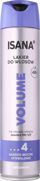 Srebrny lakier Isana Volume do włosów, z fioletowymi detalami, widok z przodu. Napisy: 48h, Mocne Utrwalenie, UV.