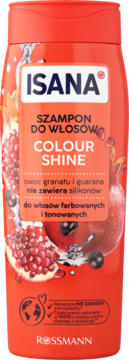 Czerwony szampon Isana Colour Shine do włosów farbowanych z granatem i guaraną. Widok z przodu.