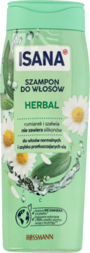 Zielony szampon ISANA Herbal z rumiankiem i szałwią, do włosów normalnych i przetłuszczających się, widok z przodu.