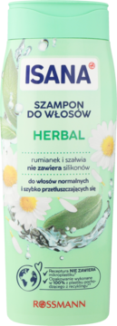 ISANA Herbal szampon z rumiankiem i szałwią dla włosów normalnych i przetłuszczających się, w zielonej butelce, z przodu.