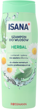 Isana Herbal szampon do włosów w zielonej butelce z rumiankiem i szałwią, do włosów normalnych i przetłuszczających się, widok z przodu.