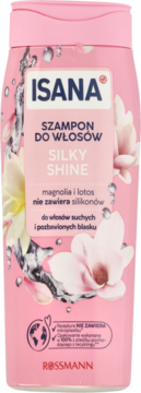 Różowa butelka szamponu ISANA Silky Shine magnolia i lotos, do włosów suchych, widok z przodu.