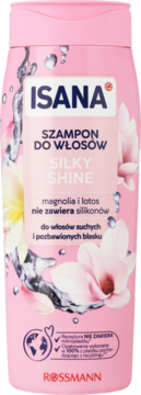 Różowy szampon Isana Silky Shine magnolia i lotos, bez silikonów, do włosów suchych, widok z przodu.