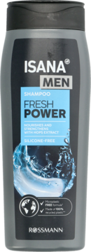 Szampon Isana Men Fresh Power do włosów, szara butelka z niebieskim napisem i wodnym wzorem, widok z przodu.