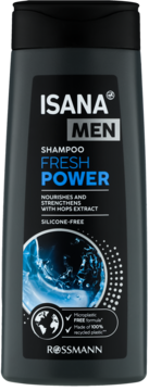 Isana Men Fresh Power szampon do włosów, ciemna butelka z niebieskimi detalami i chmielem, bez silikonu, widok z przodu.