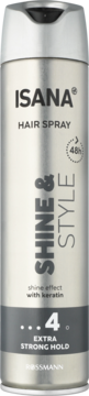 Srebrny lakier Isana Shine & Style Hair Spray z keratyną, bardzo mocne utrwalenie 48h, widok z przodu.