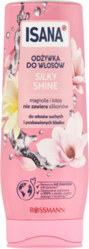 Różowa butelka odżywki Isana Silky Shine do włosów suchych i matowych, z magnolią i lotosem, bez silikonów.
