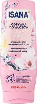 Różowa odżywka Isana Silky Shine do włosów suchych z magnolią i lotosem, bez silikonów, widok z przodu.