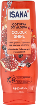 Isana Odżywka Colour Shine, czerwona butelka z granatem i guaraną, do włosów farbowanych, widok z przodu.
