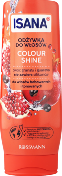 Isana Colour Shine odżywka do włosów farbowanych, pomarańczowa butelka z granatem, bez silikonów, widok z przodu.