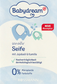 Babydream sensitiv Seife z Jojobaöl i Kamille, białe opakowanie z dwoma słoniami, nowa formuła, widok z przodu.