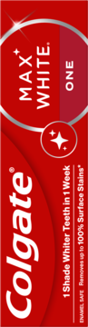 Czerwona tubka pasty Colgate Max White ONE, białe napisy i srebrna iskierka, widok z przodu. Bielsze zęby w tydzień.