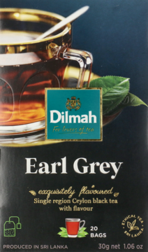 Front view of a dark blue Dilmah Earl Grey Tea box with a golden tea cup image and green leaf accents.