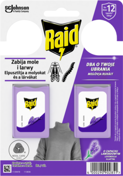 Raid, lawendowe zawieszki przeciw molom do ubrań w fioletowo-szarym opakowaniu z dwoma saszetkami, przód.