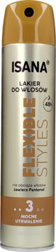 Złoto-beżowy lakier Isana Flexible Styles 48h z pantenolem, mocne utrwalenie, butelka, widok z przodu.