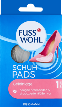 Fusswohl Schuh Pads Geleinlage, żelowe wkładki na wysokie obcasy, niebieskie opakowanie, widok z przodu.