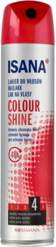 Isana Colour Shine lakier do włosów, srebrna puszka z czerwoną nakładką, widok z przodu, mocne utrwalenie 4.