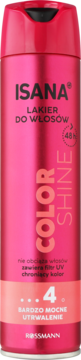 Różowy lakier do włosów Isana Color Shine, filtr UV, mocne utrwalenie nr 4 do 48h, widok z przodu butelki.