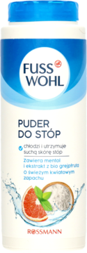 Fuss Wohl Puder Do Stóp, biała butelka z niebieską nakrętką, z grafiką grejpfruta i mentolu, widok z przodu.