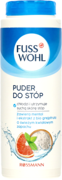 Fuss Wohl Puder Do Stóp, biała butelka z niebieską nakrętką, z grafiką grejpfruta i mentolu, widok z przodu.