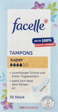 Opakowanie tamponów Facelle Super 32 sztuki, biało-niebieskie z kwiatami i oznaczeniem SoftSilk, widok z przodu.