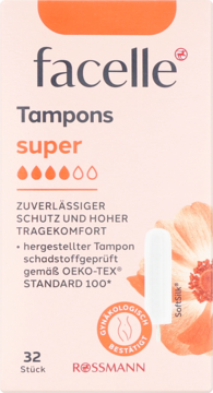 Opakowanie tamponów Facelle Super 32 sztuki z miękką otoczką SoftSilk, beżowo-pomarańczowe, marka Rossmann.