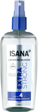 ISANA lakier do włosów Extra Strong 24h w przezroczystej butelce z niebieskim rozpylaczem, widok z przodu.