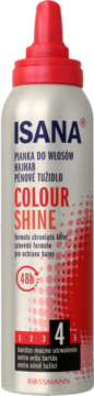 Isana Colour Shine pianka do włosów, srebrna puszka z czerwoną nakrętką, widok z przodu, mocne utrwalenie 4/5.