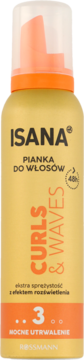 Isana Pianka do włosów Curls & Waves, złota butelka z pomarańczową nakładką, mocne utrwalenie 48h, widok z przodu.