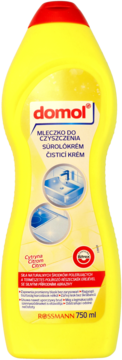 Domol mleczko do czyszczenia cytrynowe, 750 ml, w żółtej butelce z czerwoną nakrętką, widok z przodu.