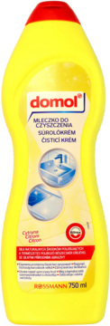 Domol mleczko do czyszczenia cytrynowe, 750 ml, w żółtej butelce z czerwoną nakrętką, widok z przodu.
