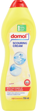 Mleczko Domol Scouring Cream cytrynowe 750ml, żółta butelka z recyklingu, widok z przodu, czyści bez rysowania.