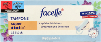 Facelle Tampons Super, 16 szt., opakowanie jasnoniebieskie z kwiatami, z oznaczeniem 4.5 kropli chłonności.