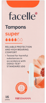 Różowe opakowanie tamponów facelle Super 16 szt. z 5 kroplami absorpcji, białym tamponem i logo Rossmann.