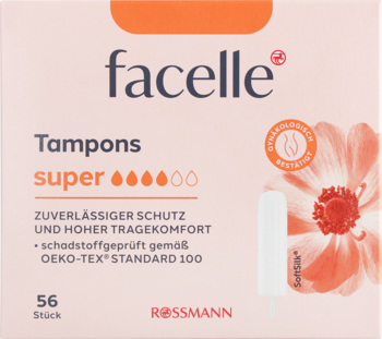 Różowe opakowanie tamponów facelle Super 56 sztuk, z grafiką kwiatu, logo Rossmann, certyfikat Oeko-Tex.